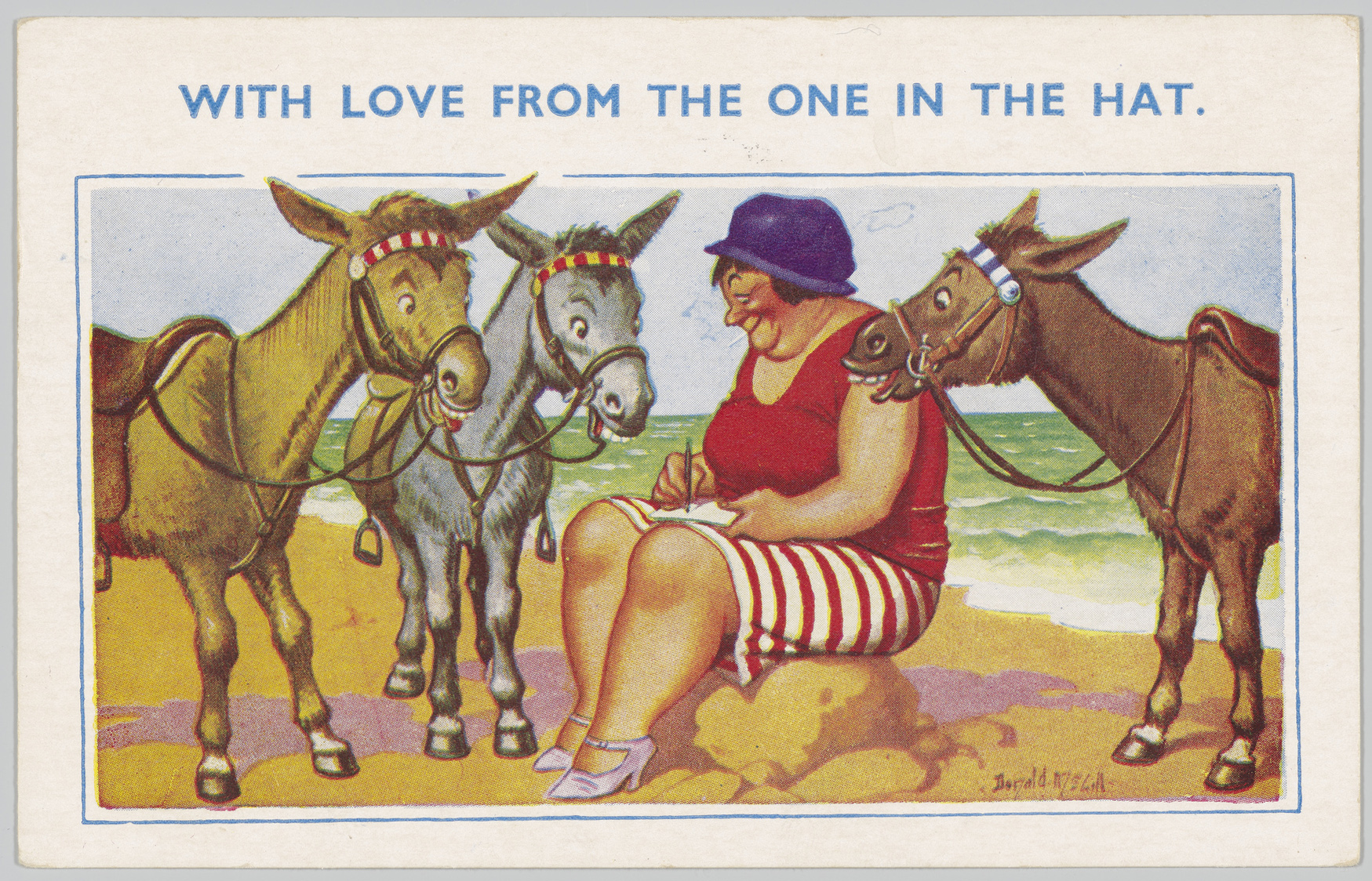 Postcard of a women sat on th beach writing with three donkeys around her. 