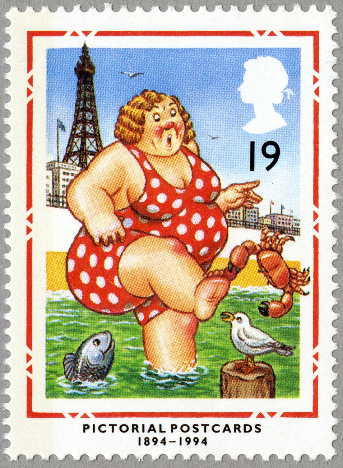 Similar caricatures appear in the 1994 stamp issue celebrating 100 years of the picture postcard. 19p, Pictorial Postcards, 1994