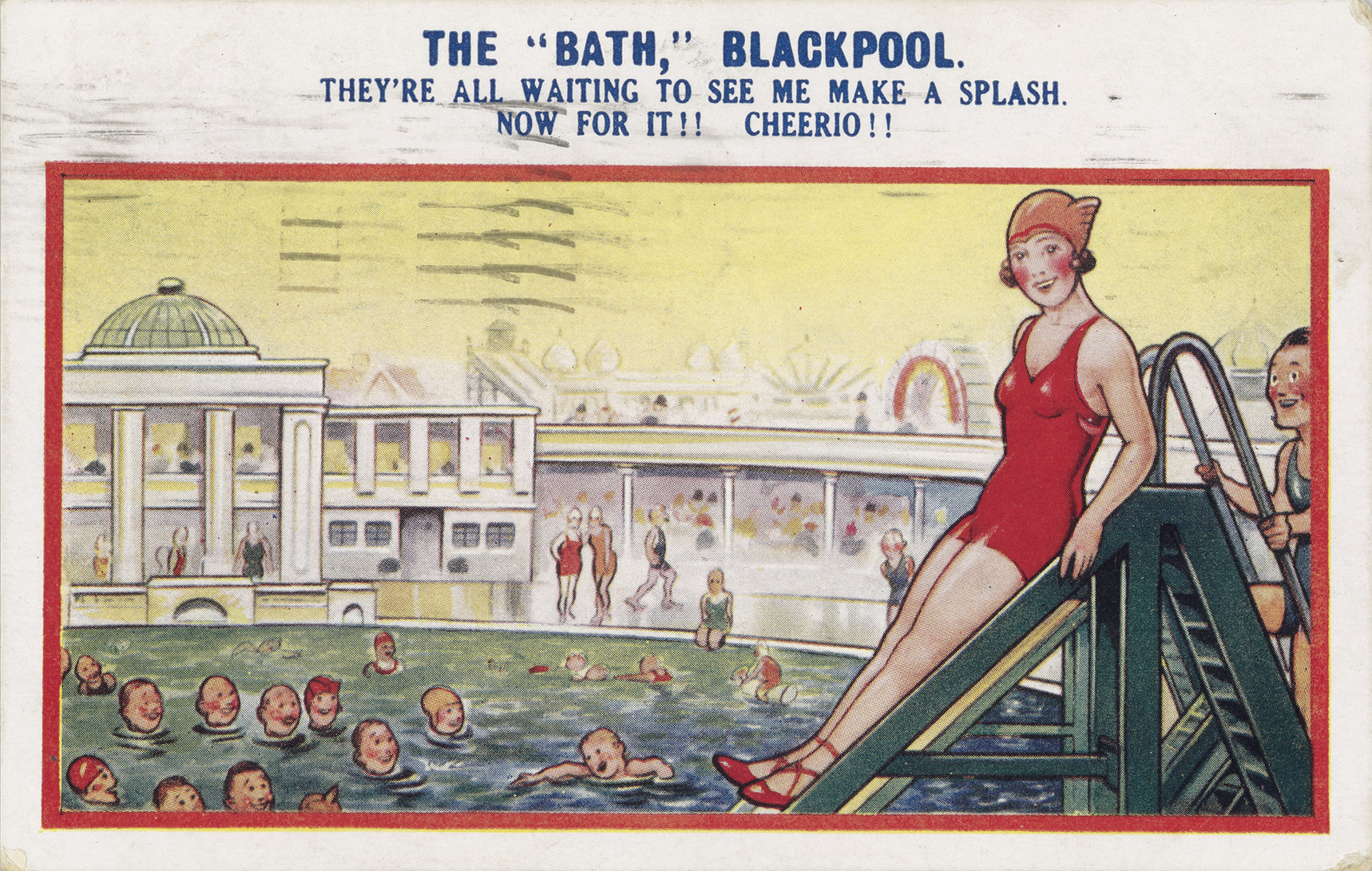 Postcard of a women in a red cap about to do down a slide into the water where may other people are swimming. 