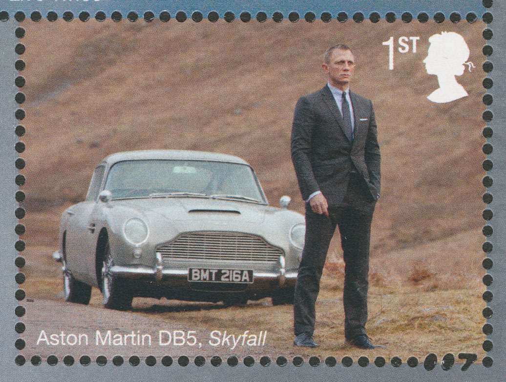 Stamp of Bond next to car with the numbers '007' in the perforation in the bottom right corner. 