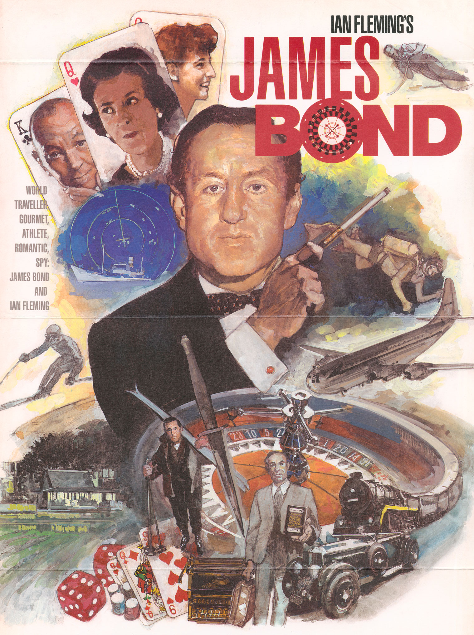 Illustrated image of Ian Fleming with playing cards, vehicles and a train. 