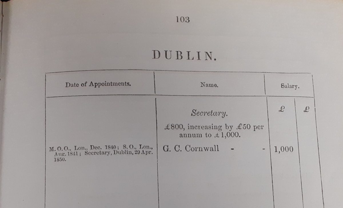 Page 103 of an Establishment Book. There is the heading ‘Dublin’ above a table. The left hand column is headed ‘Date of appointments’ and below that is ‘M.O.O., Lon.. Dec. 1840; S.O., Lon., Aug. 1841; Secretary, Dublin, 29 Apr. 1850.’. The middle column is headed ‘Name’ and below that is ‘Secretary. £800, increasing by £50 per annum to £1000. G. C. Cornwall’. The right hand column is headed ‘Salary’ and below that is £1000