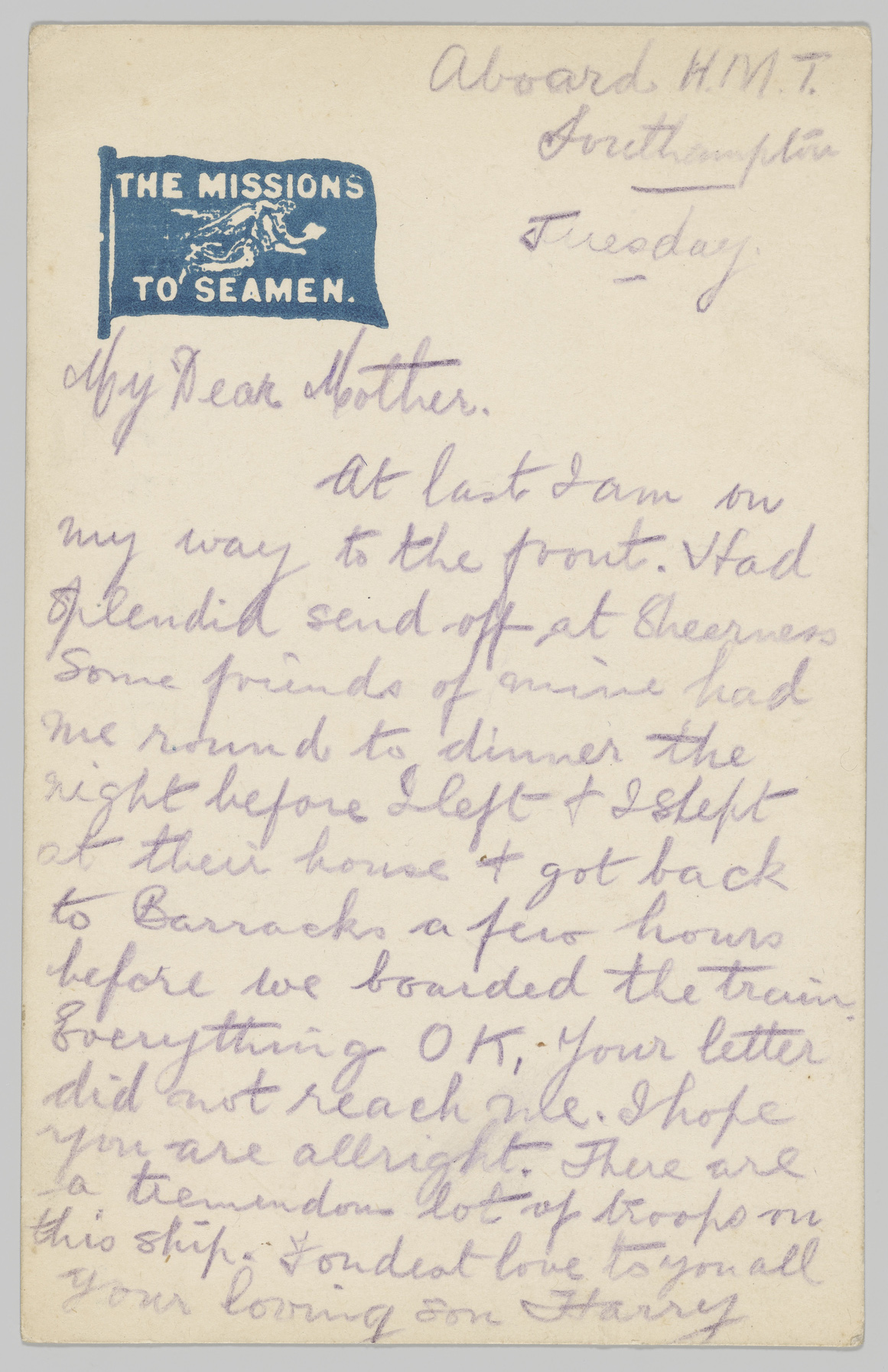 Postcard written portrait with the annotation 'Aboard HMT Southampton' in the top right corner.
