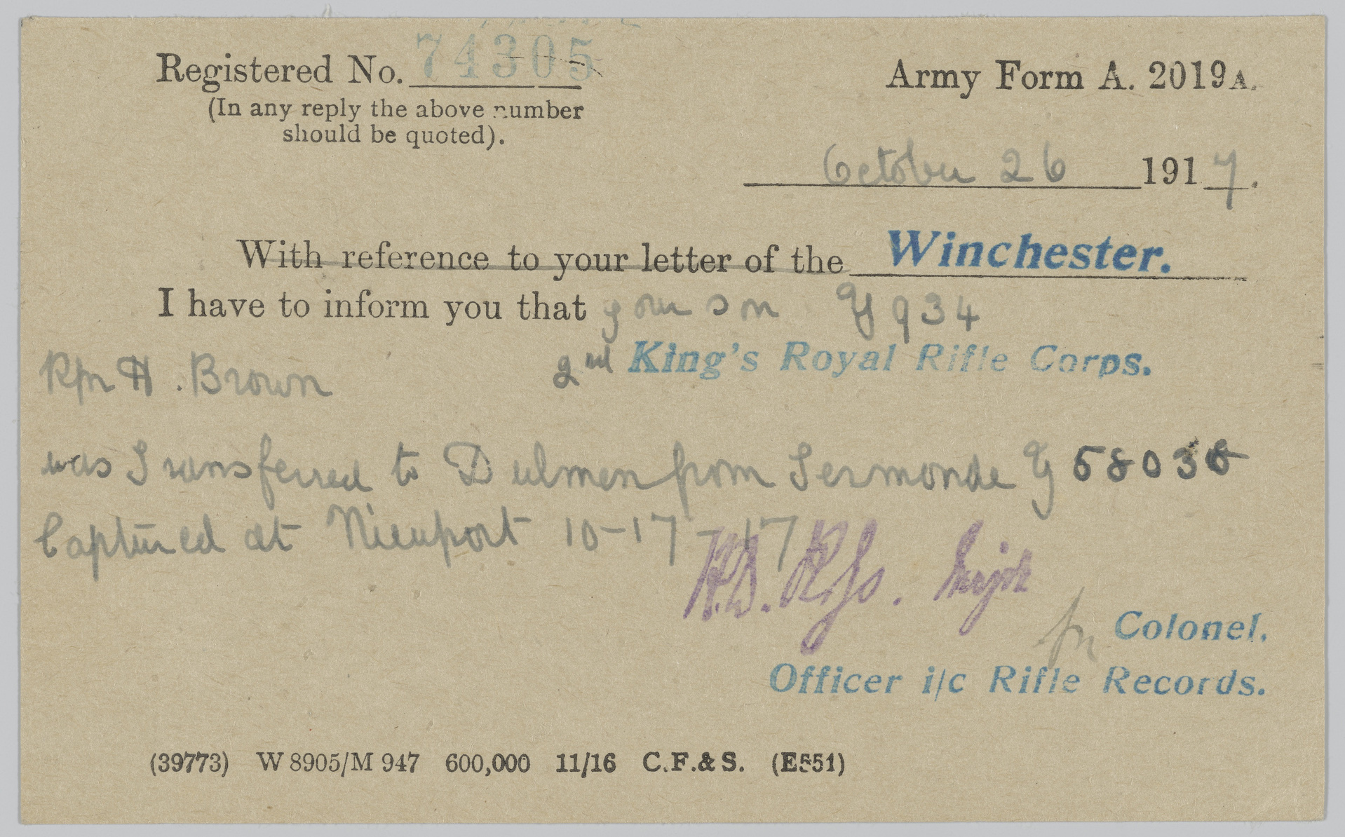 A postcard printed and hand written text explaining Harry was captured and where he has been transfered too. 