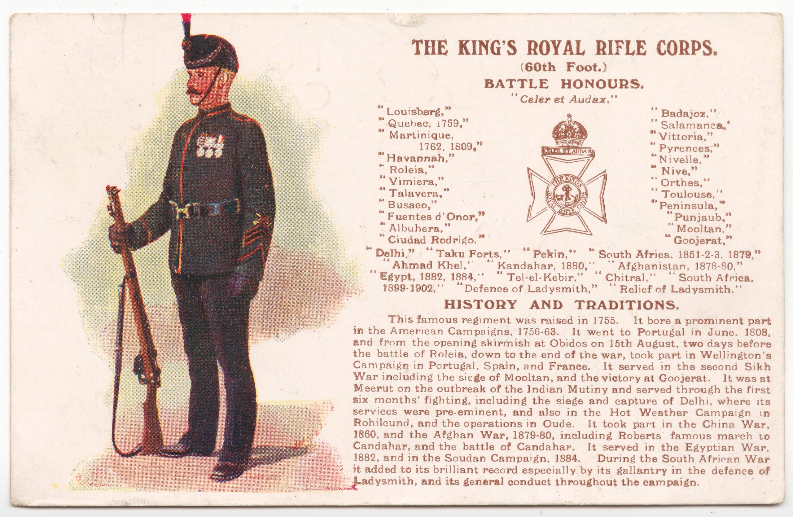 Postcard with a pictorial image of a soldier along with information on the history and traditions of the regiment.