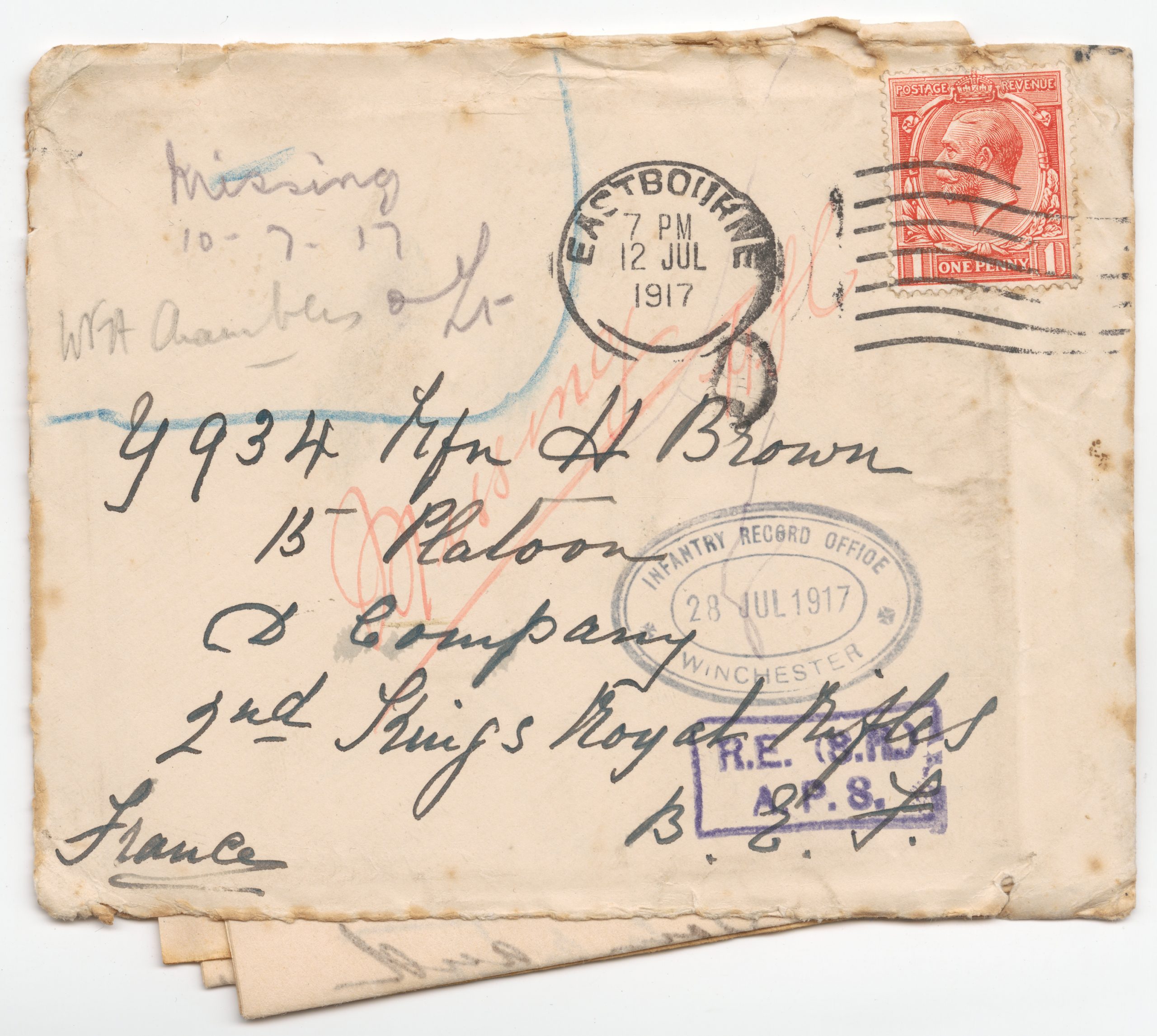 The front of a letter with address of Harry Brown along with handstamps and the hand written annotation 'Missing 10-7-17'. 