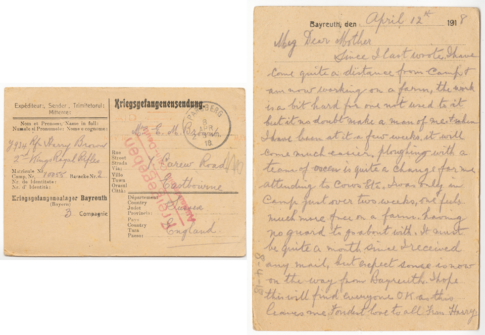 The front and back of a prisoner of war postcard from Harry Brown annotated as written on the 12th of April 1918.