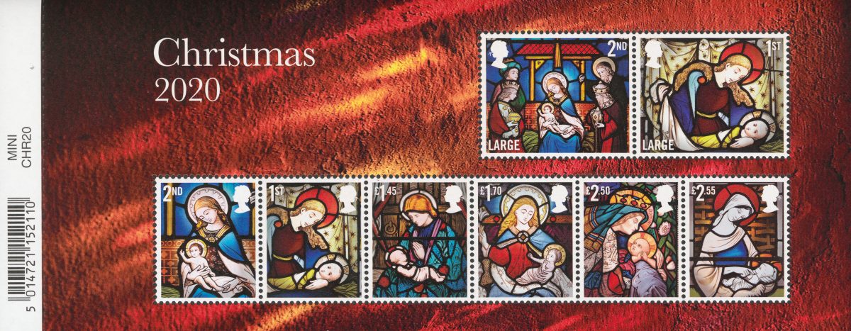 Miniature sheet of the 2020 Christmas stamps featuring images of stained glass windows. 