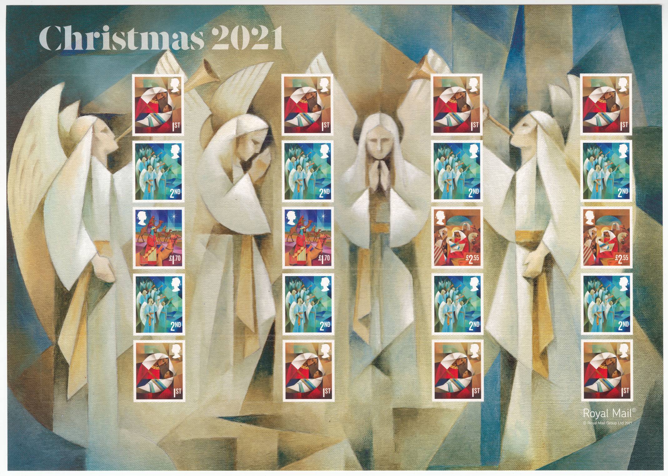 A sheet of 20 stamp and 20 labels featuring images of angels in the background. 