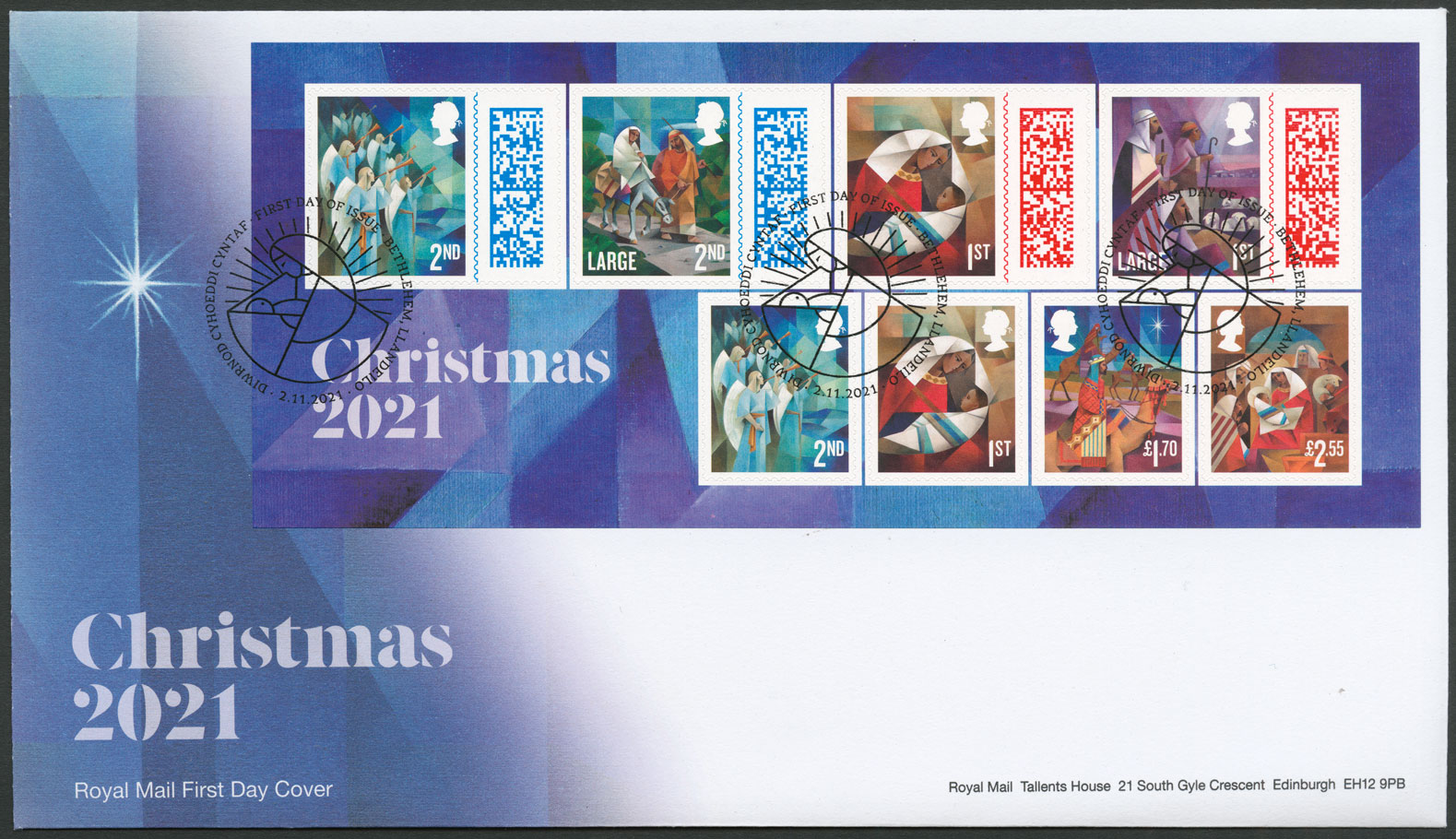 Envelope with the Christmas miniature sheet containing 8 stamps cancelled on the first day of issue. 