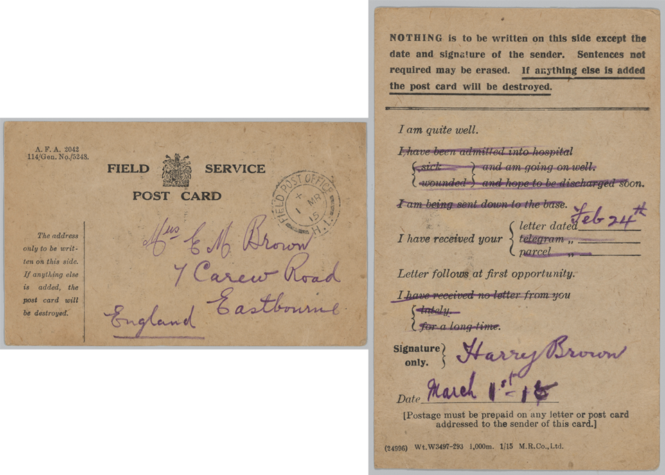 The front and back of a Field Service Postcard with messages selected by Harry.