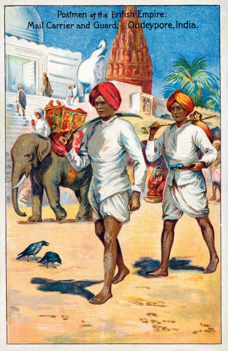 A closeup of an illustrated postcard showing two men in turbans carrying swords. The words printed at the top of the postcard say: 'Postman of the British Empire: Mail Carrier and Guard, Oudeypore, India.'