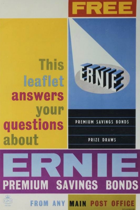 Poster with several rectangles including different information. Text split across different rectangles reads ‘This leaflet answers all your questions about ERNIE Premium Savings Bonds’.