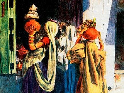 A closeup of a postcard showing an illustrated scene of women carrying pots.