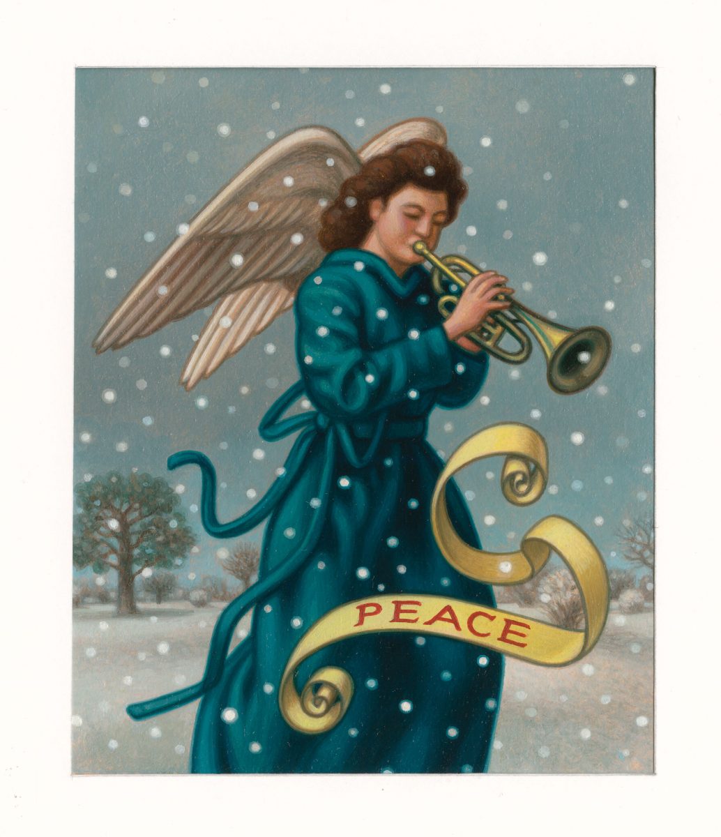 Painting of an angel in a blue dress playing the trumpet. The word 'Peace' appears in front of the angel on a scroll. 