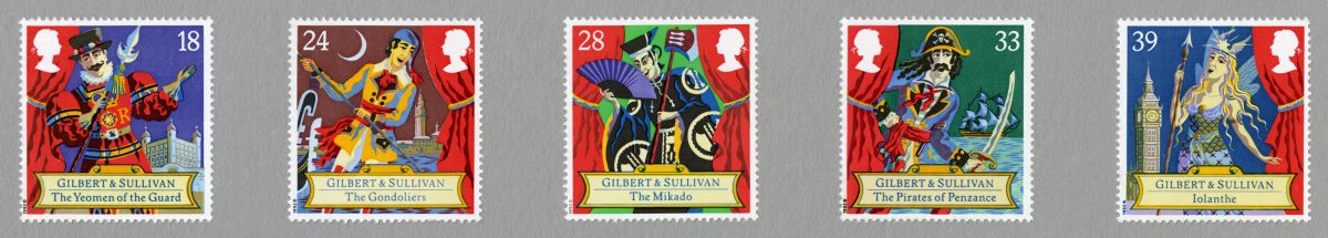 5 stamps from the Gilbert and Sullivan stamp issue depicting characters from their operas.