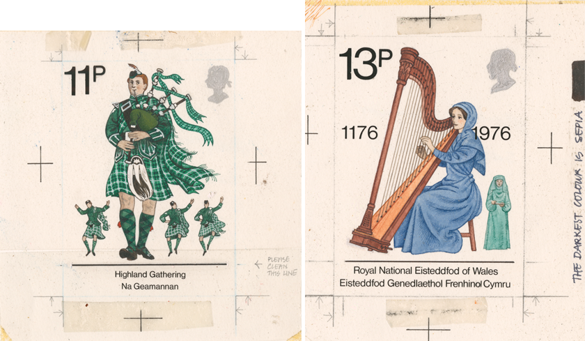 Stamp artwork of a bagpipe player and a harpist with a value and caption. 