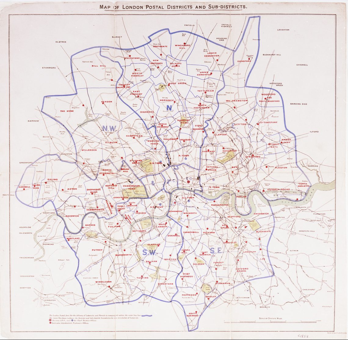 Early map of central London districts and sub districts by postcode.