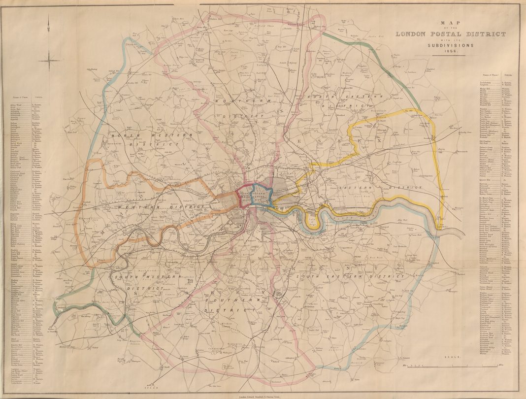 A map showing how London districts were became divided by postcode.