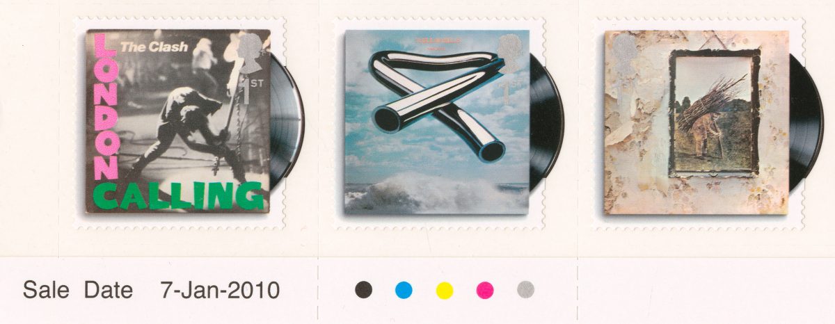 Three stamps from the Classic Album Cover stamp sheet, featuring The Clash, Mike Oldfield and Led Zeppelin. 