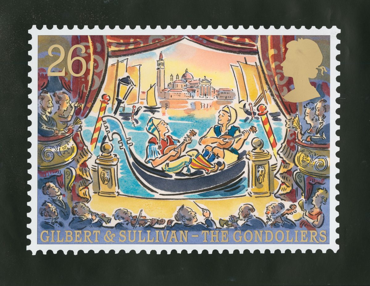Stamp artwork of two figures on stage in a gondolier with people to the left and right in the theatre boxes and musicians in the ochestra pit.