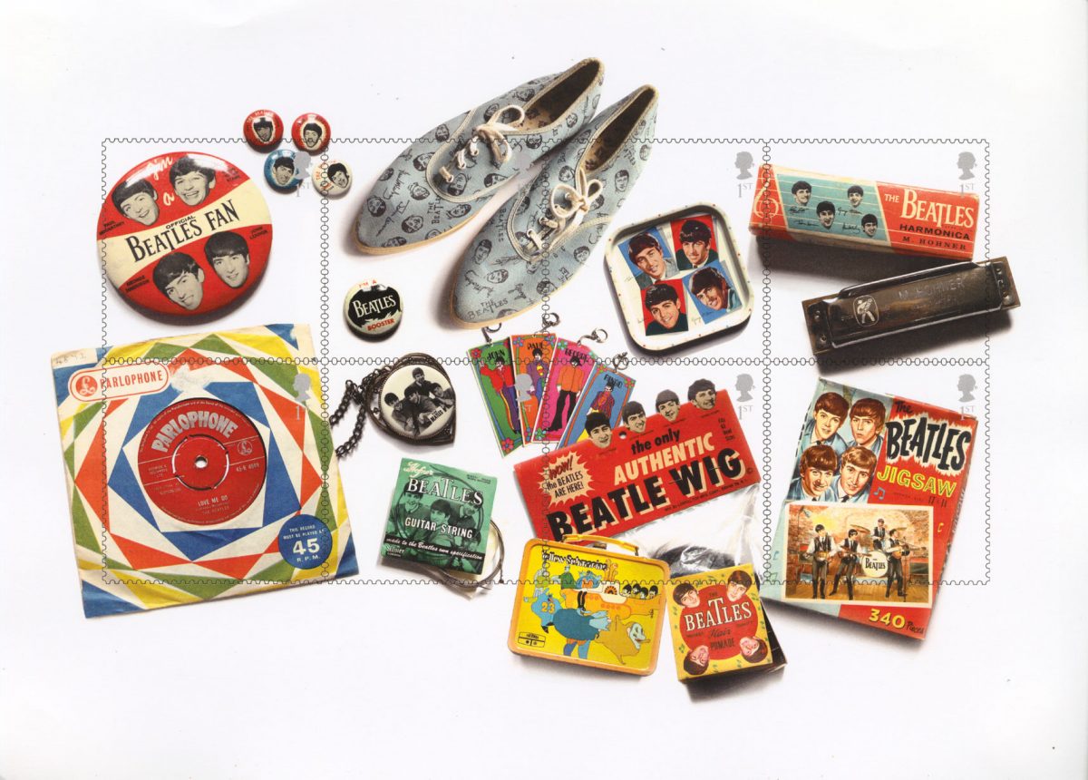 Digital image of Beatles memorabilia across a set of stamps.