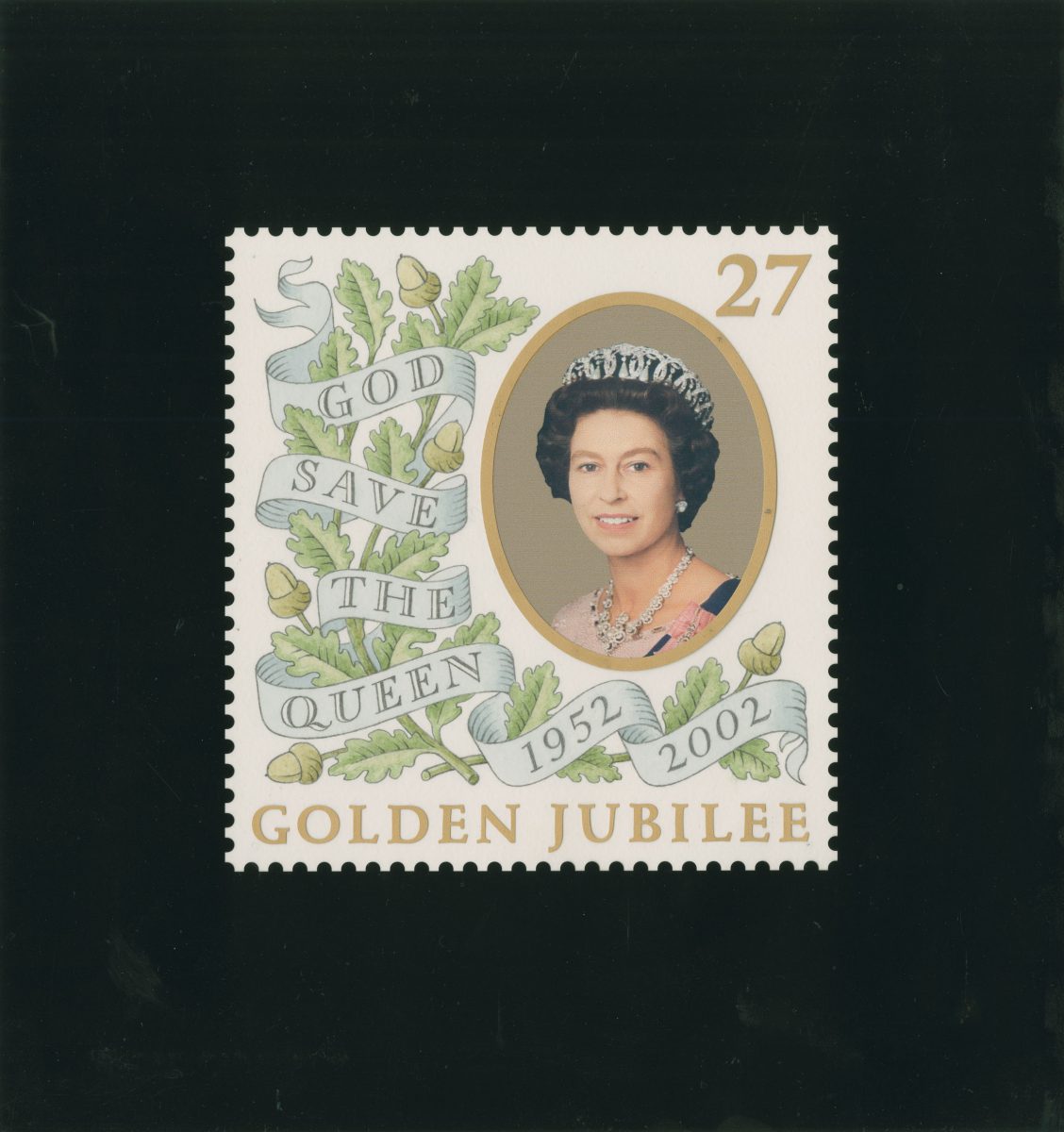 Artwork consisting of a portrait of Queen Elizabeth II in an oval next to the text 'God Save The Queen' in a coiling banner.