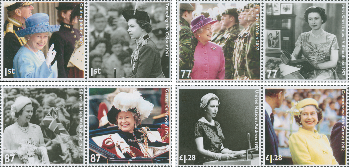 Eight stamps in both colour and black and white depicting Queen Elizabeth II at different ages and at different junctions. 