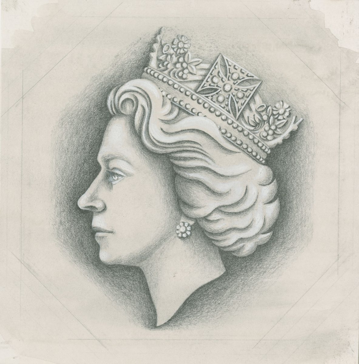 Pencil sketch of Queen Elizabeth II in profile. 