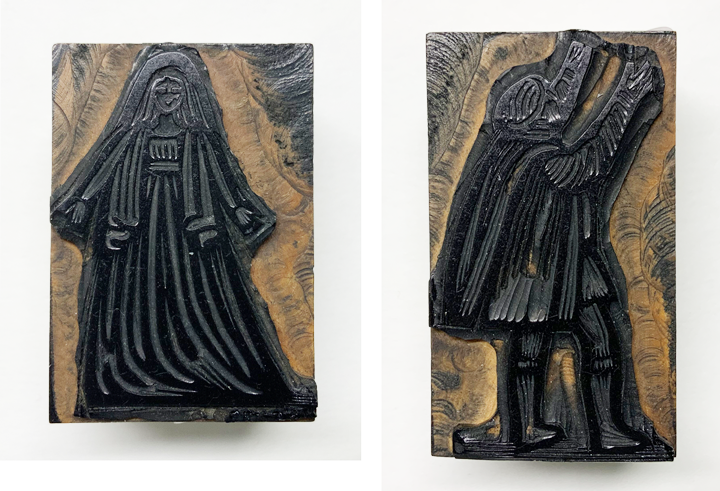 Two pieces of wood, on the right a carving of a woman and on the left a man with his arms raised.