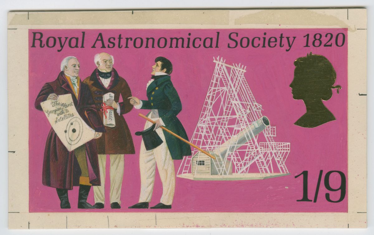 Artwork of three gentleman and a telescope on a pink background with value, caption and cameo head. 