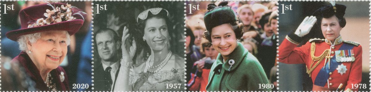 Four stamps depicting images of the Queen with a first class value. 