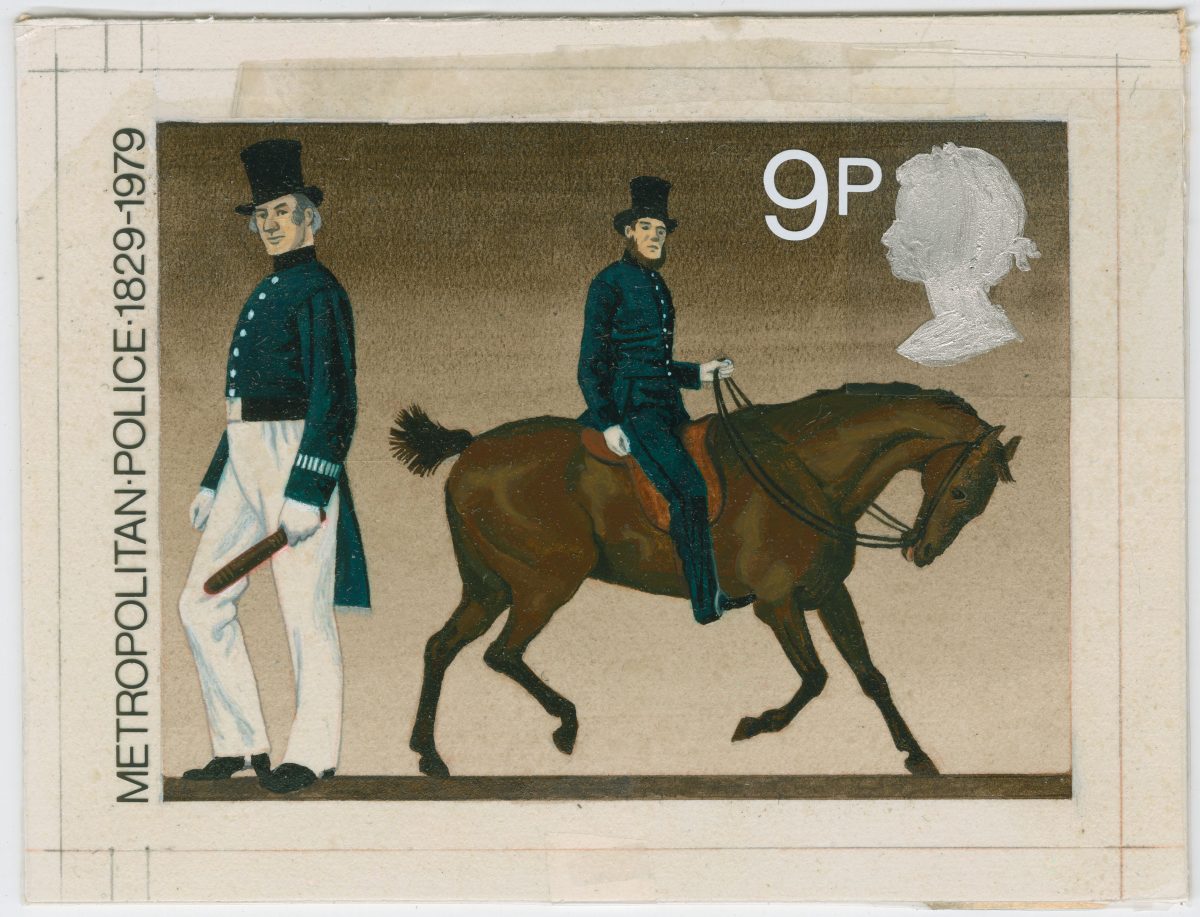 Artwork consisting of two policeman, one on a horse, with the stamps value, caption and cameo head. 