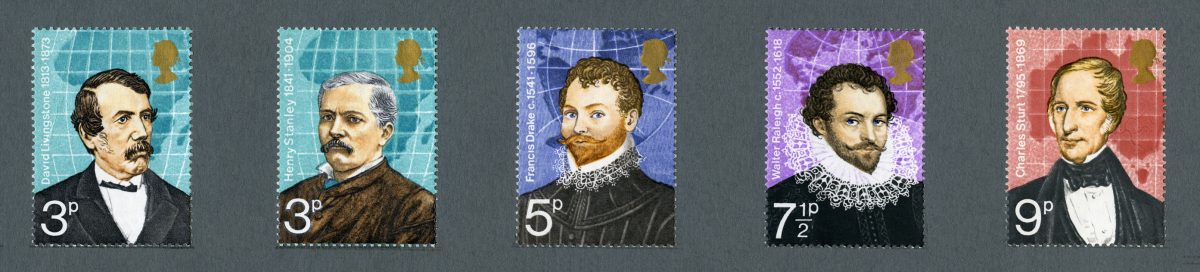 Five stamps depicting the head and shoulders of men with maps in the background. 