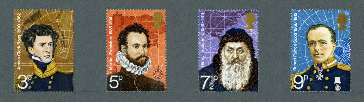 Four stamps depicting the head and shoulders of men with maps in the background. 