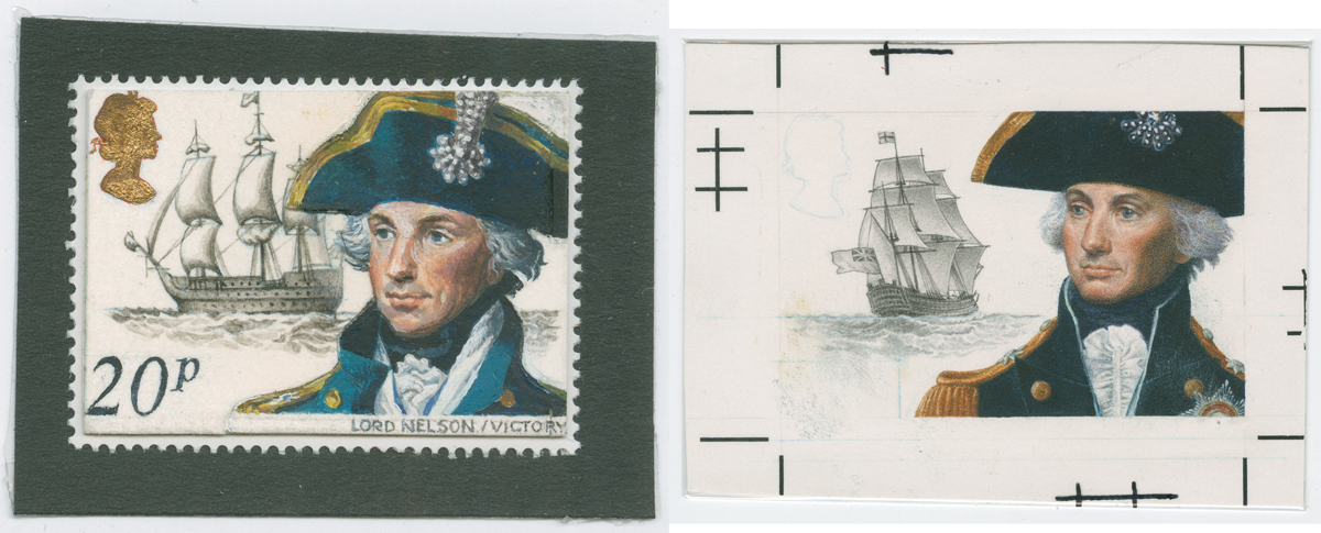 Two stamp designs for Lord Nelson, on the left the stamp has a 20p value and perforated surrounded. On the right the image just includes the figure and an outline of the ship.
