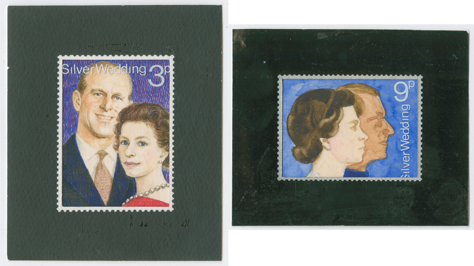 Two small designs for the Silver Wedding Anniversary featuring images of the Queen with the Duke of Edinburgh.