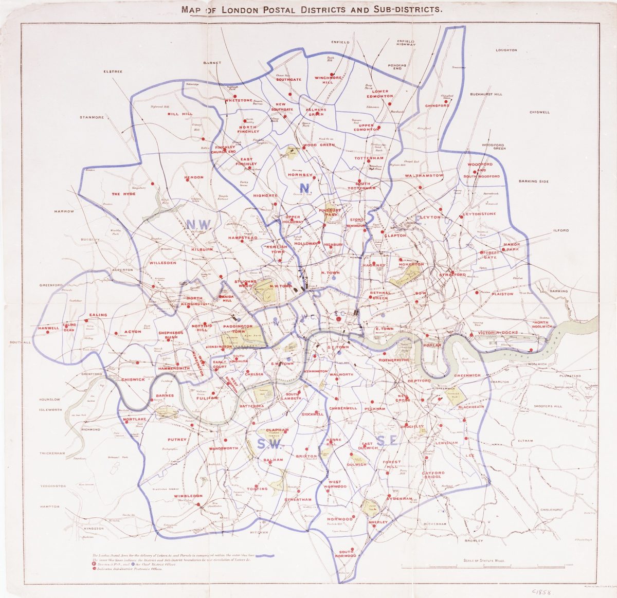 A large map with the heading 'Map of London Postal Districts and Sub-Districts'.