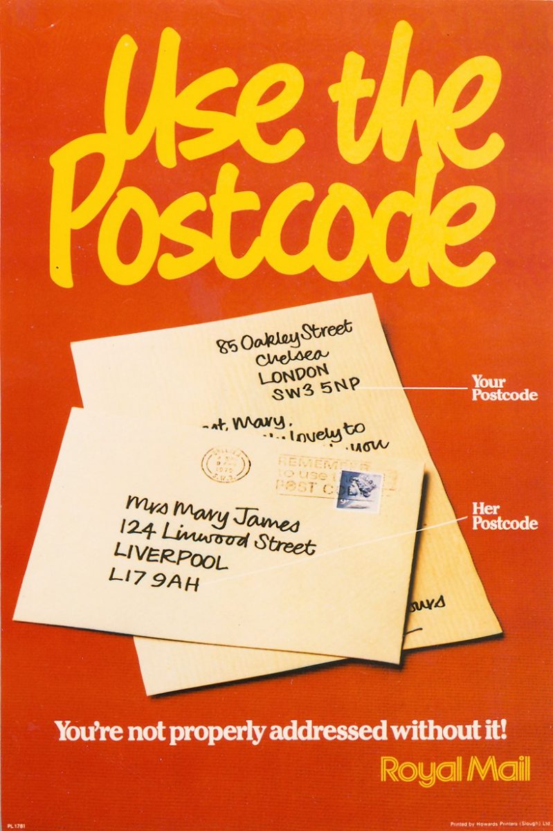 A red poster showing a pile of letters with the headline 'Use the Postcode. You're not properly addressed without it!'