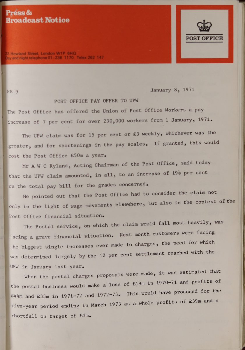 A Post Office Press and Broadcast notice with red header and white text. The body of the notice sets out the Post Office offer of a 7% pay rise for over 230 00 workers. It discusses the UPW claim for 15% or £3 per week, whichever was greater and claims this would cost the Post Office over £50 million a year. The notice continues to discuss the case in more detail.