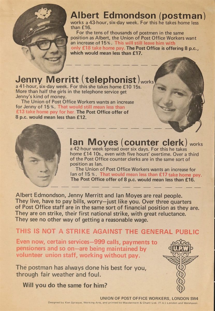 An advert with headshots of three staff members: Albert Edmondson (postman), Jenny Merritt (telephonist), and Ian Moyes (counter clerk). The advert details their current pay and working hours and what the Post Office offer would mean for them. At the bottom of the advert text reads ‘This is not a strike against the general public’.
