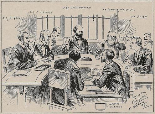 A black and white illustration showing men seated at a table.