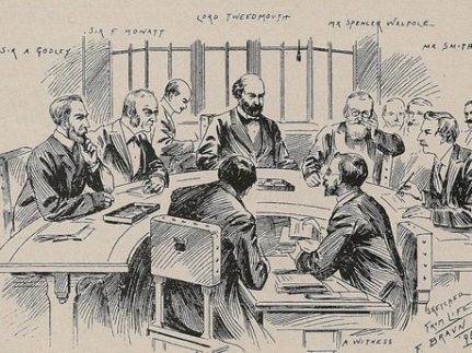 A black and white illustration showing men seated at a table.