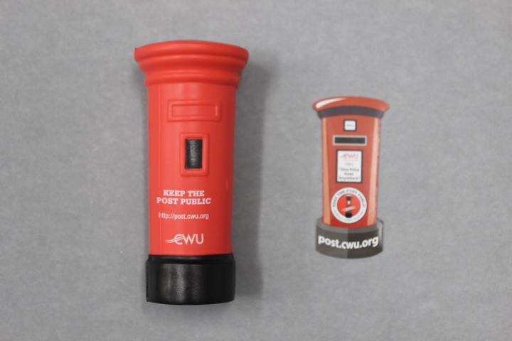 A squeezy 'stress toy' pillar box and a fridge magnet branded by the CWU, 2009