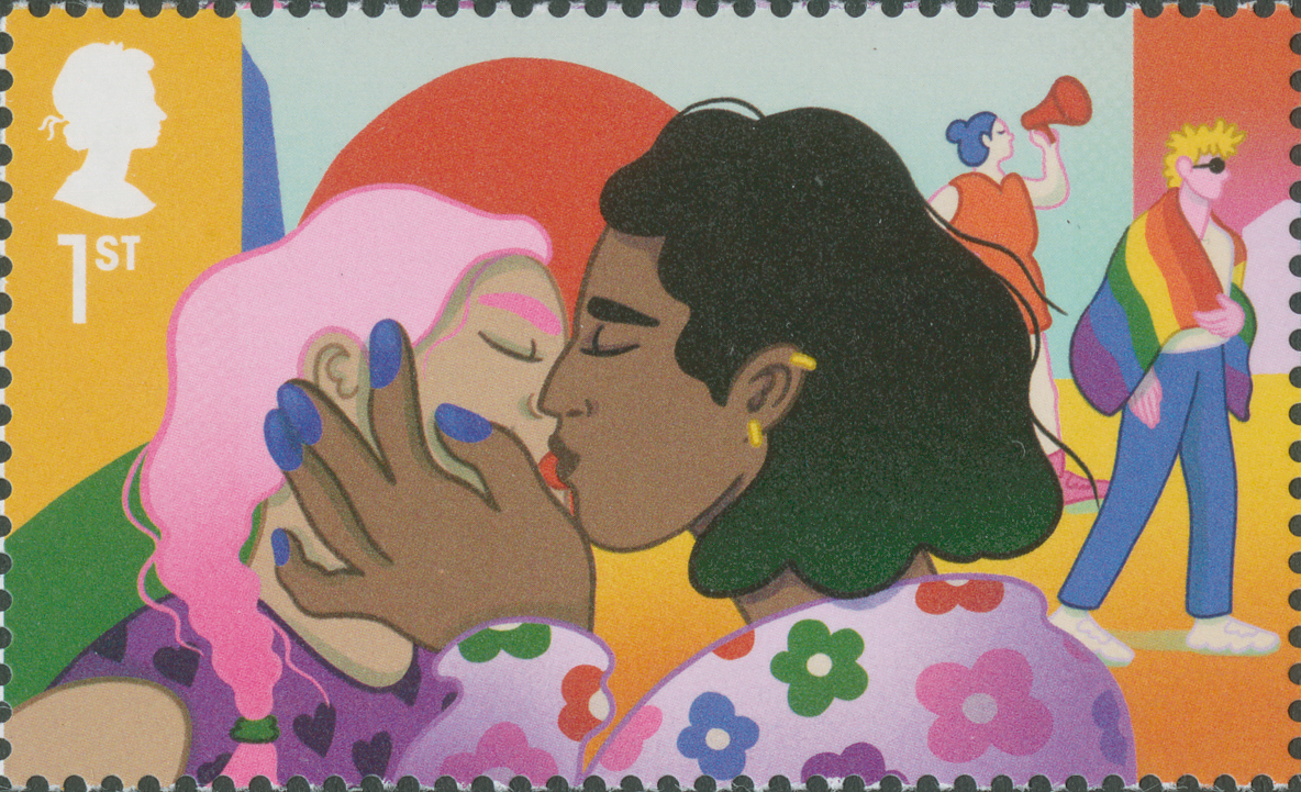 A scan of an illustrated stamp, depicting a couple kissing on a brightly coloured background.