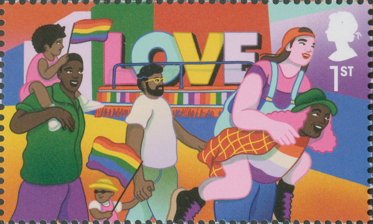 A scan of an illustrated stamp, showing a line of adults and children holding rainbow pride flags. The background of the image shows the word 'LOVE' in large multicoloured letters.