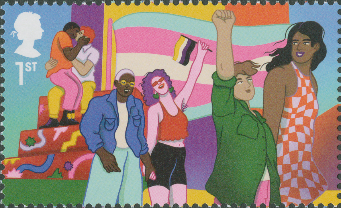 A scan of an illustrated stamp, showing three couples against a colourful background showing the Trans pride flag. The flag has light blue, pink and white horizontal stripes.