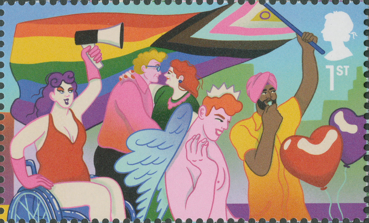 A scan of an illustrated stamp, showing a line of people. The man at the front of the line is wearing a pink turban and is carrying a large pride flag. The line also has a woman holding a loudspeaker, a man wearing a pair of angel wings and a couple embracing in the background.