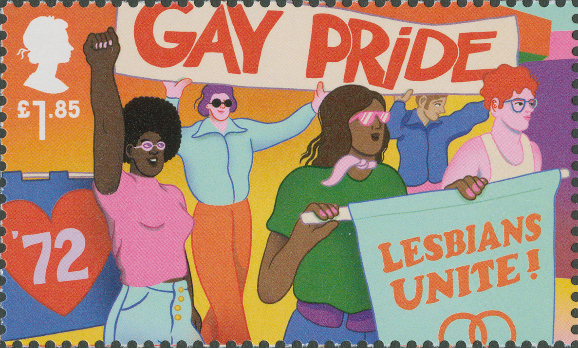 A scan of an illustrated stamp, showing a line of people, some of whom are holding large banners. The banners show the phrases 'Gay Pride' and 'Lesbians Unite' in large colourful letters.