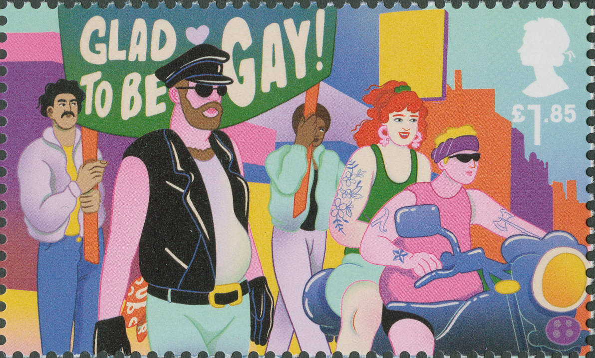 A scan of an illustrated stamp, showing a group of people in the middle of a march. Two of them are holding up a sign saying the words 'Glad to be gay'.